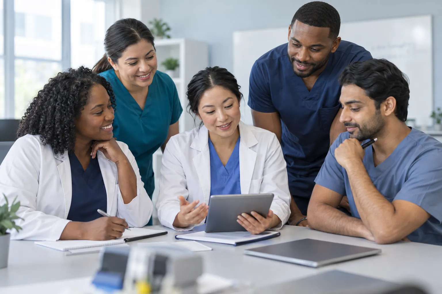 A diverse group of nurses in scrubs and white coats gathered around a table, smiling as one of them reviews course material on a tablet