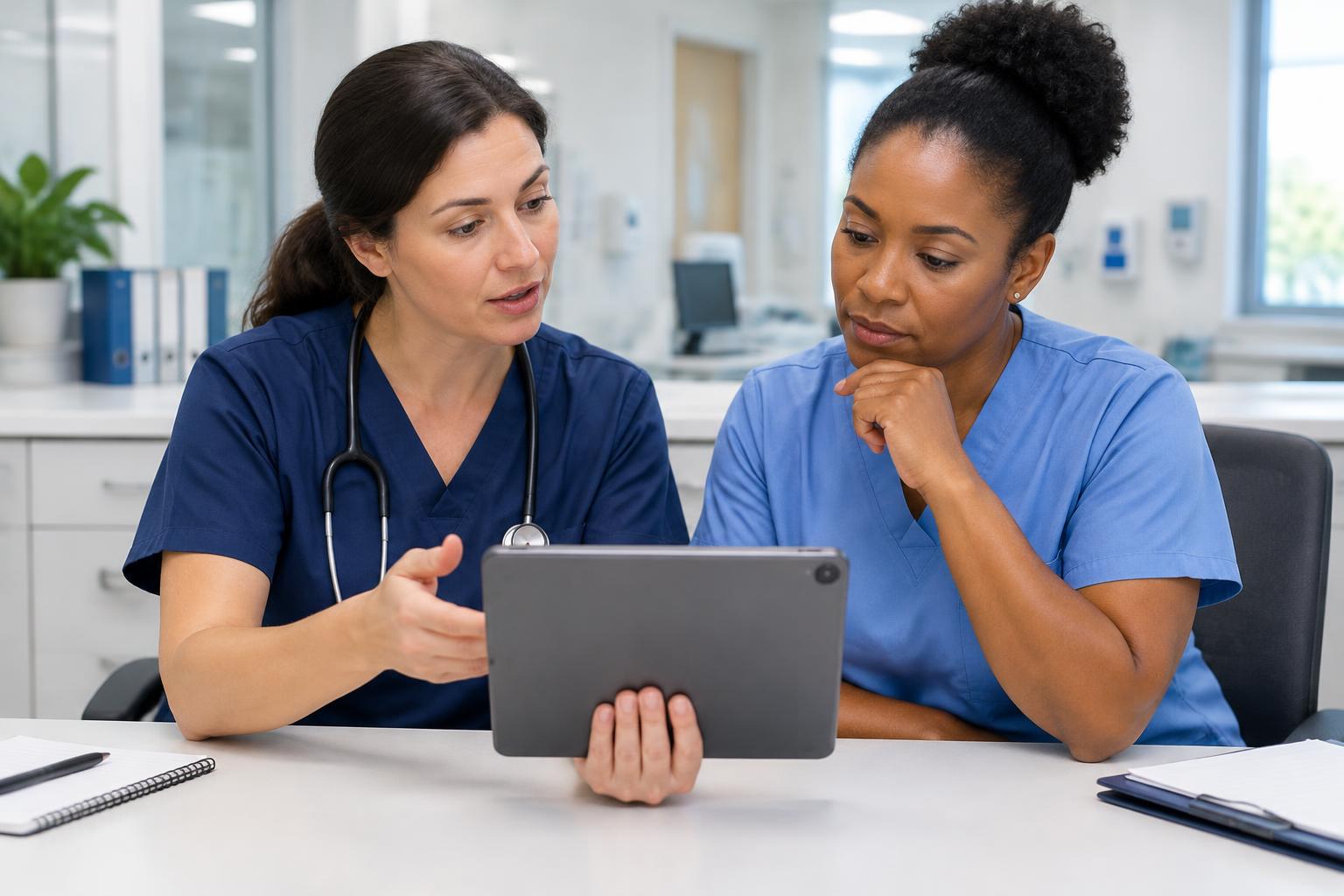 Two nurses discussing information on a tablet at a clinical desk.