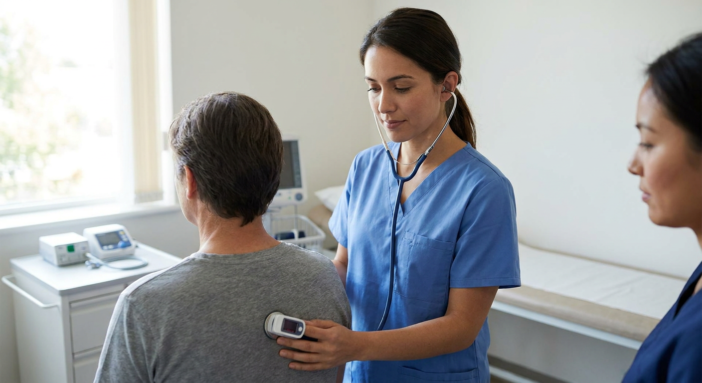 A registered nurse calmly assesses an adult with asthma in a bright clinical examination room, listening to lung sounds while reviewing respiratory effort and oxygen saturation.