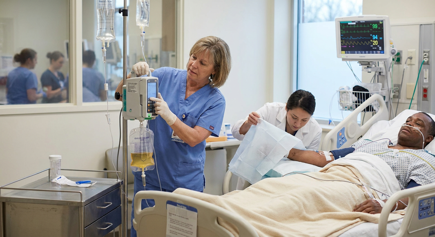 A registered nurse in a burn resuscitation room checks an adult patient’s infusion pump, urinary output, warming measures, and monitored vital signs while another clinician assesses the covered burn wounds.