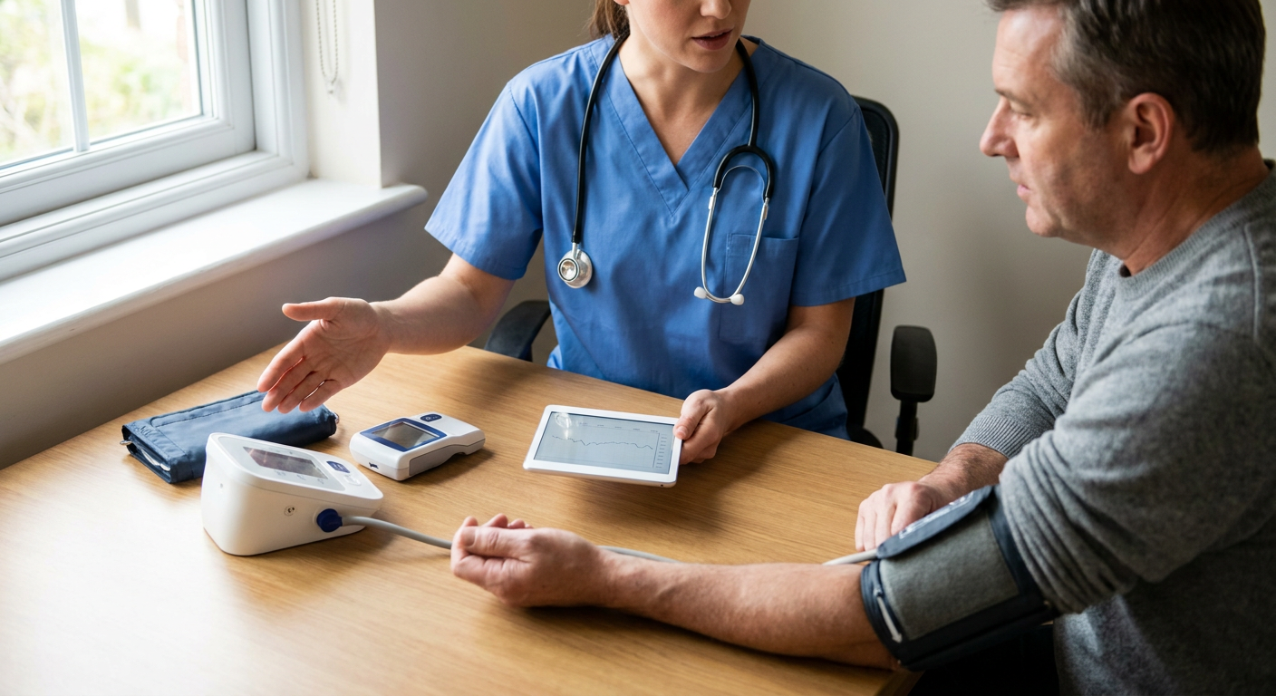 A registered nurse reviews blood pressure, lipid results, and cardiovascular risk factors with an adult patient during a preventive care visit.