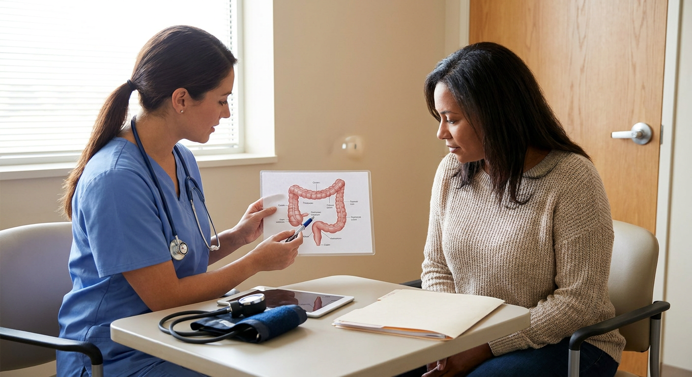 A registered nurse reviews a labeled colon anatomy diagram with an adult patient during a private clinical education visit.