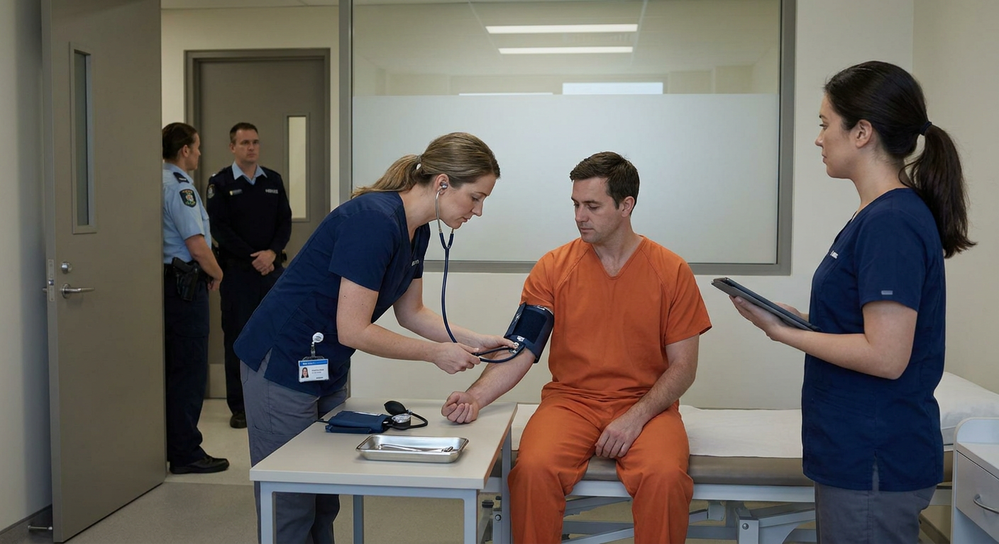 A correctional nurse in professional clinical attire conducts a private health assessment with an incarcerated adult patient in a secure examination room while custody staff remain available outside the clinical privacy area.