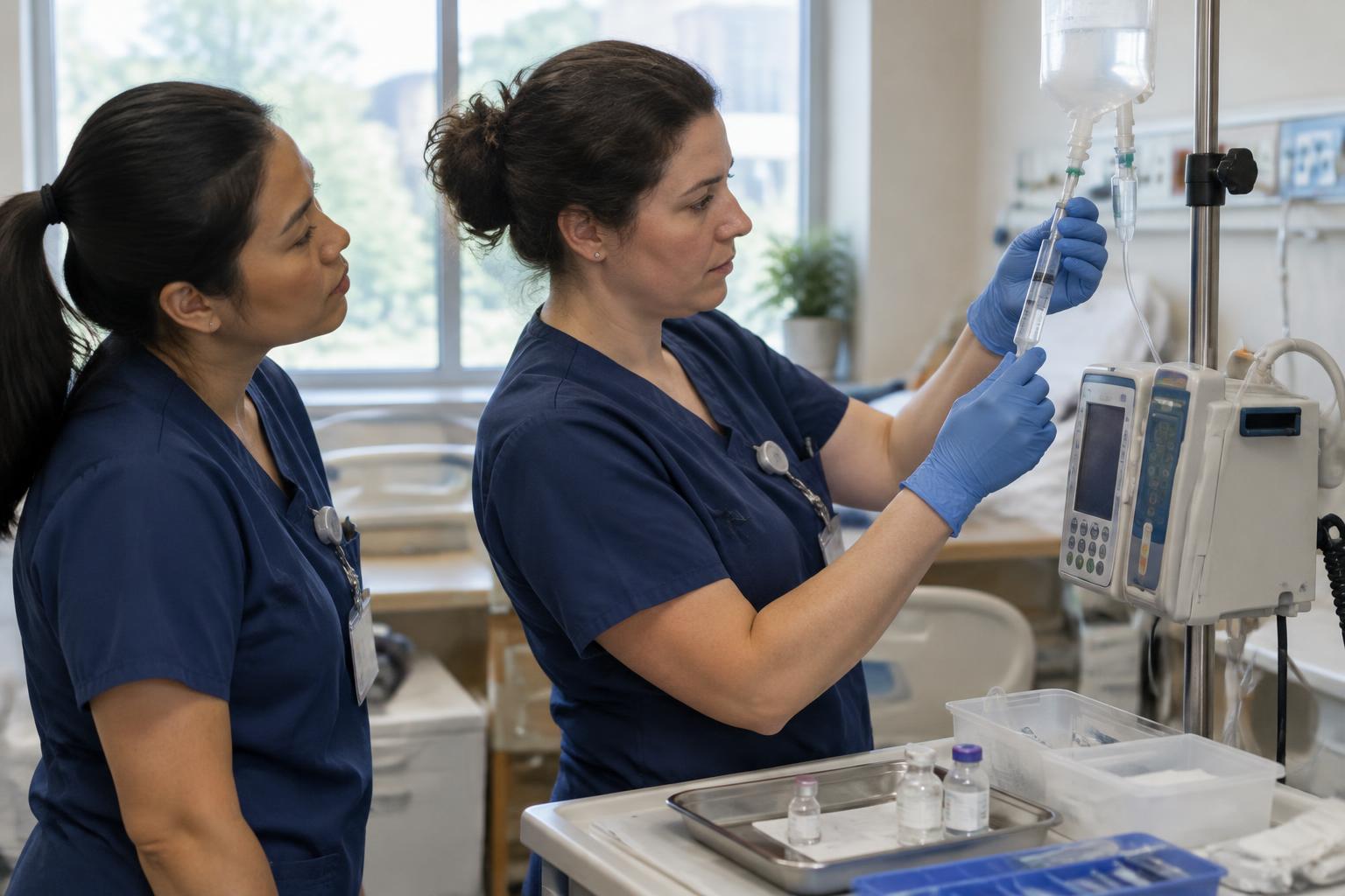 Two nurses double-checking a syringe and infusion pump at a hospital medication station.