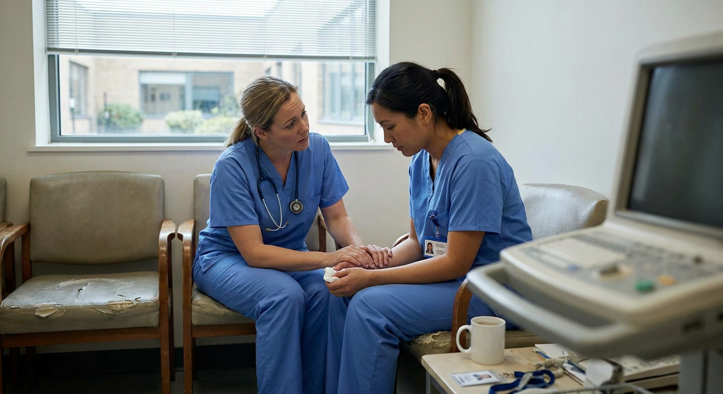 Two nurses speaking privately in a quiet clinical staff area, with one listening attentively and supportively to a distressed colleague.