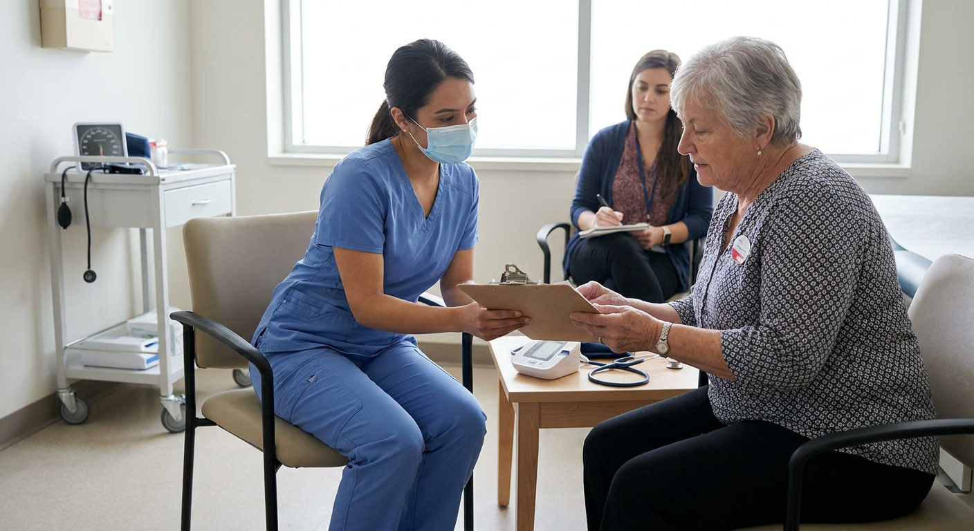 A registered nurse speaks privately at eye level with an LGBTQ+ adult patient in a calm clinical room while reviewing an individualized care plan.