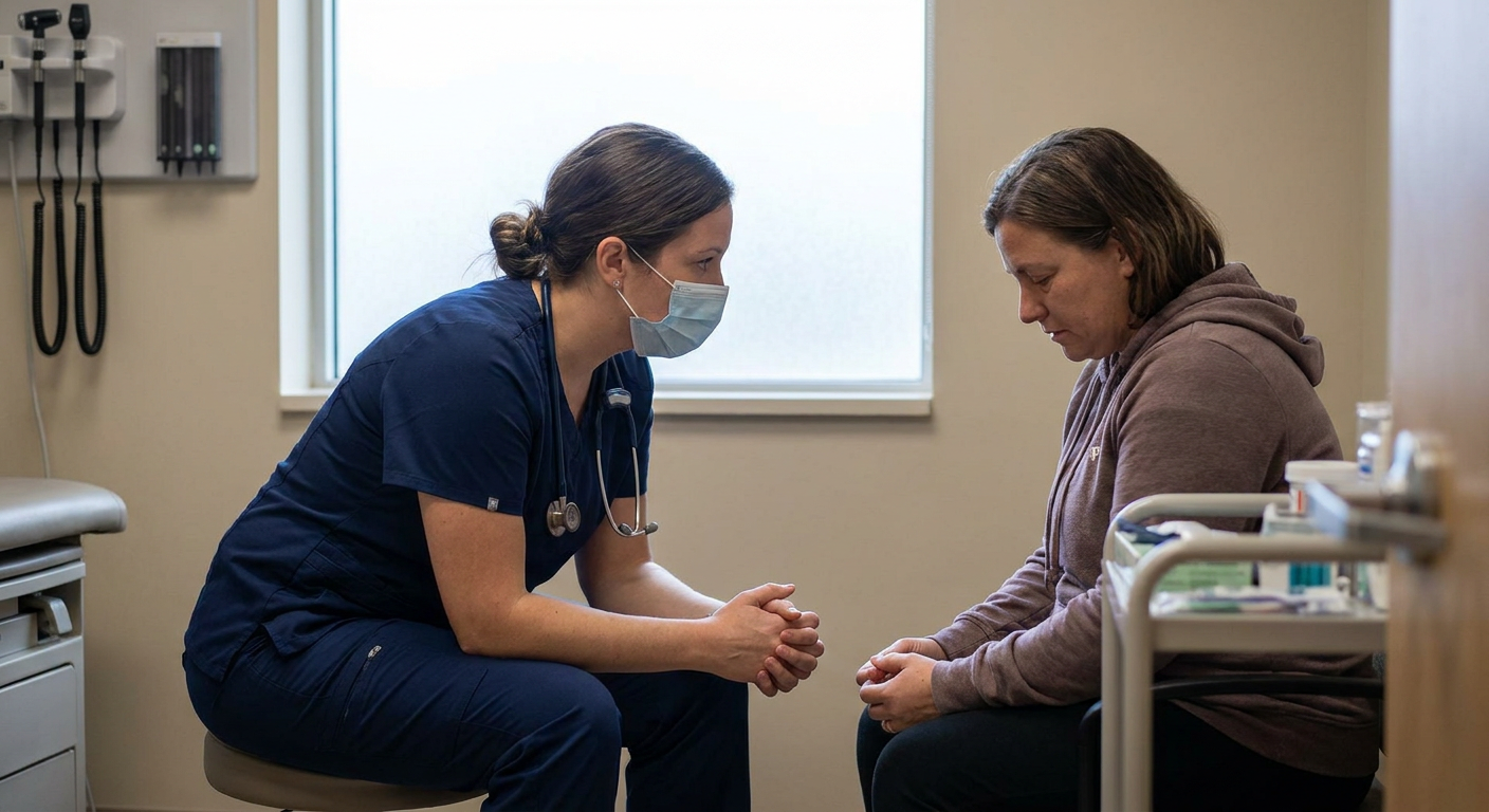 A registered nurse speaks privately with an adult patient in a quiet examination room, using open body language while maintaining confidentiality and patient dignity.
