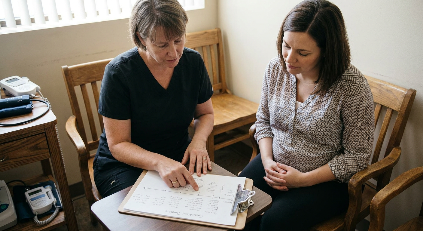 A registered nurse sits privately with a pregnant patient, reviewing medications and substance exposures on a gestational timeline in a respectful prenatal clinical setting.