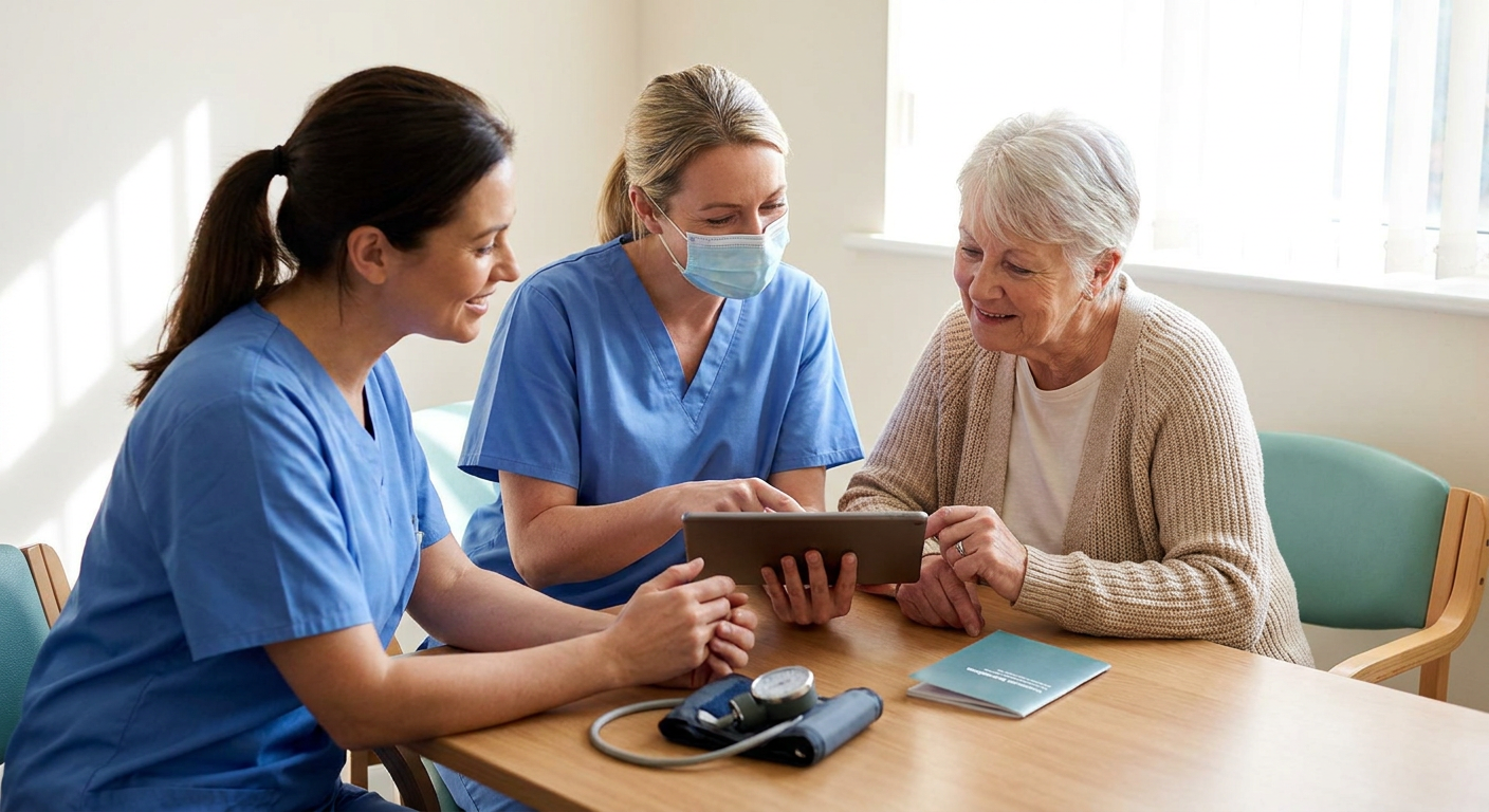 Two nurses and an adult patient seated in a private clinical consultation, reviewing care choices together with attentive, respectful communication.