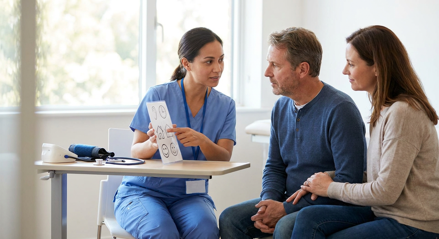 A registered nurse speaking calmly with a middle-aged adult with frontotemporal dementia while using a simple visual communication aid and including a family caregiver in the care discussion.