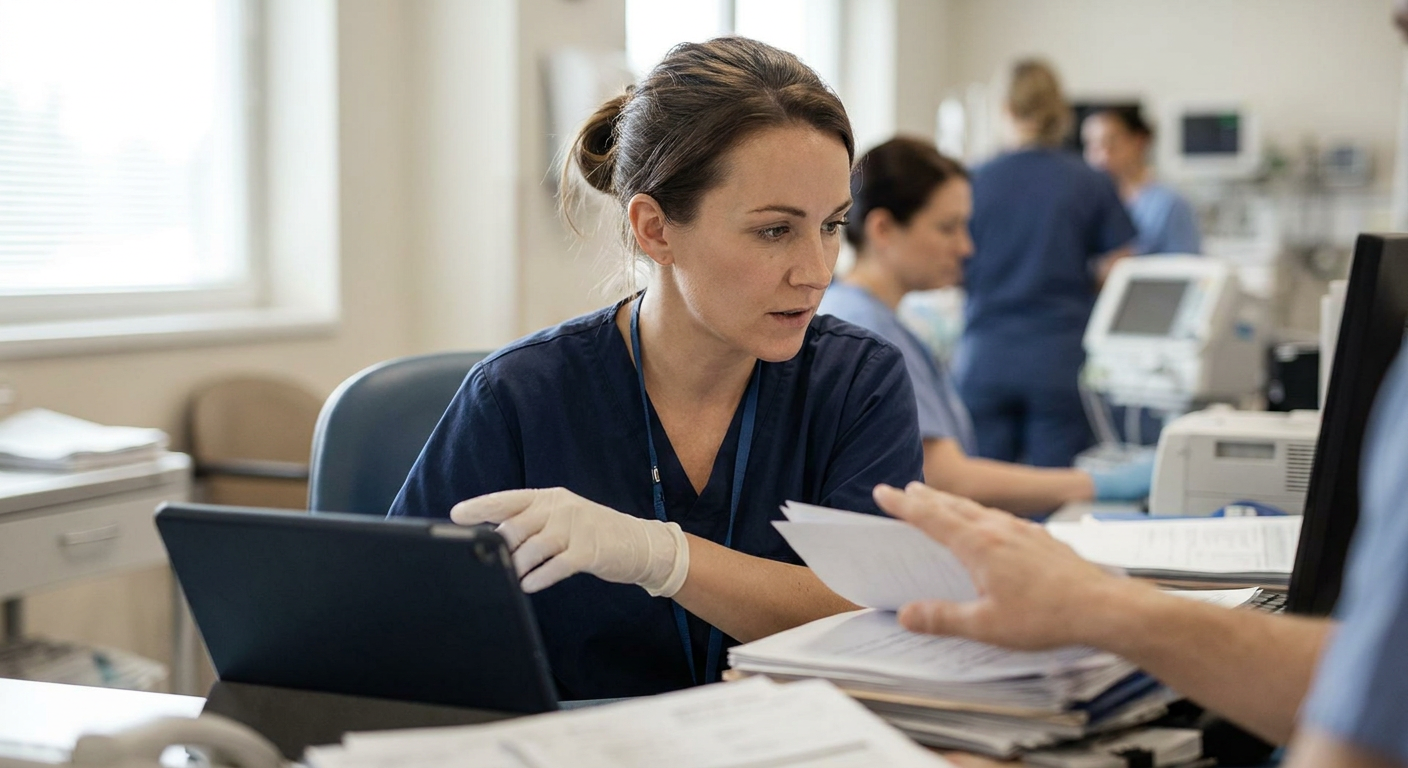 A registered nurse at a hospital workstation securely reviewing an electronic patient record while shielding the screen from public view and protecting printed clinical information.