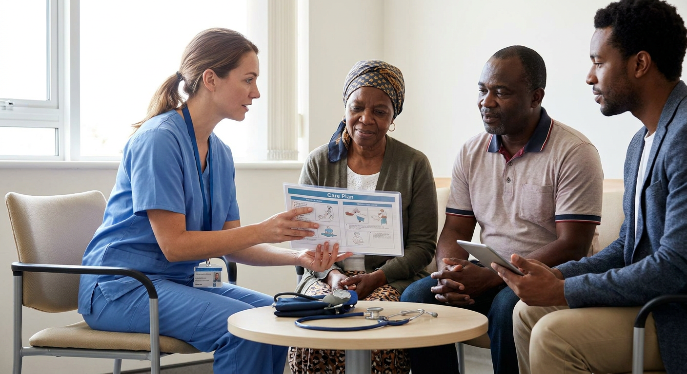 A registered nurse sits at eye level with a diverse adult patient, using an interpreter and a plain-language care plan while a social worker participates in discharge planning.
