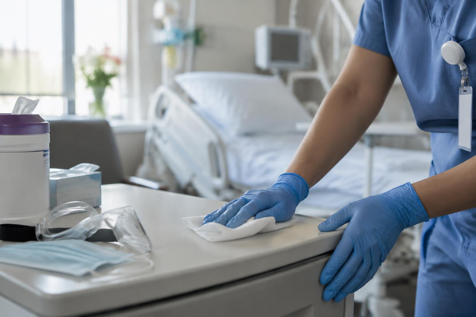 A nurse's gloved hands disinfecting a bedside surface in a hospital room.