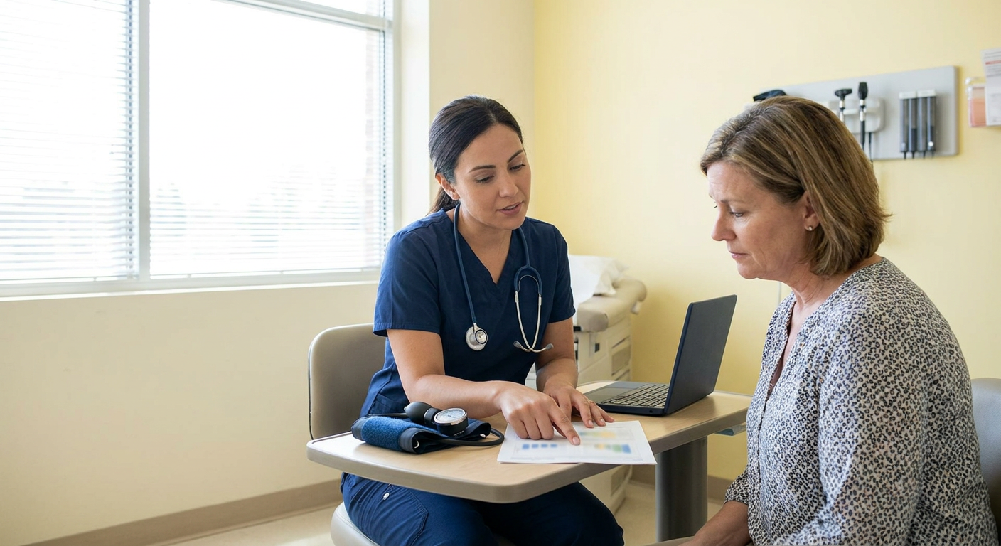 Registered nurse reviewing a lipid panel and cardiovascular risk factors with an adult patient in a bright outpatient examination room.