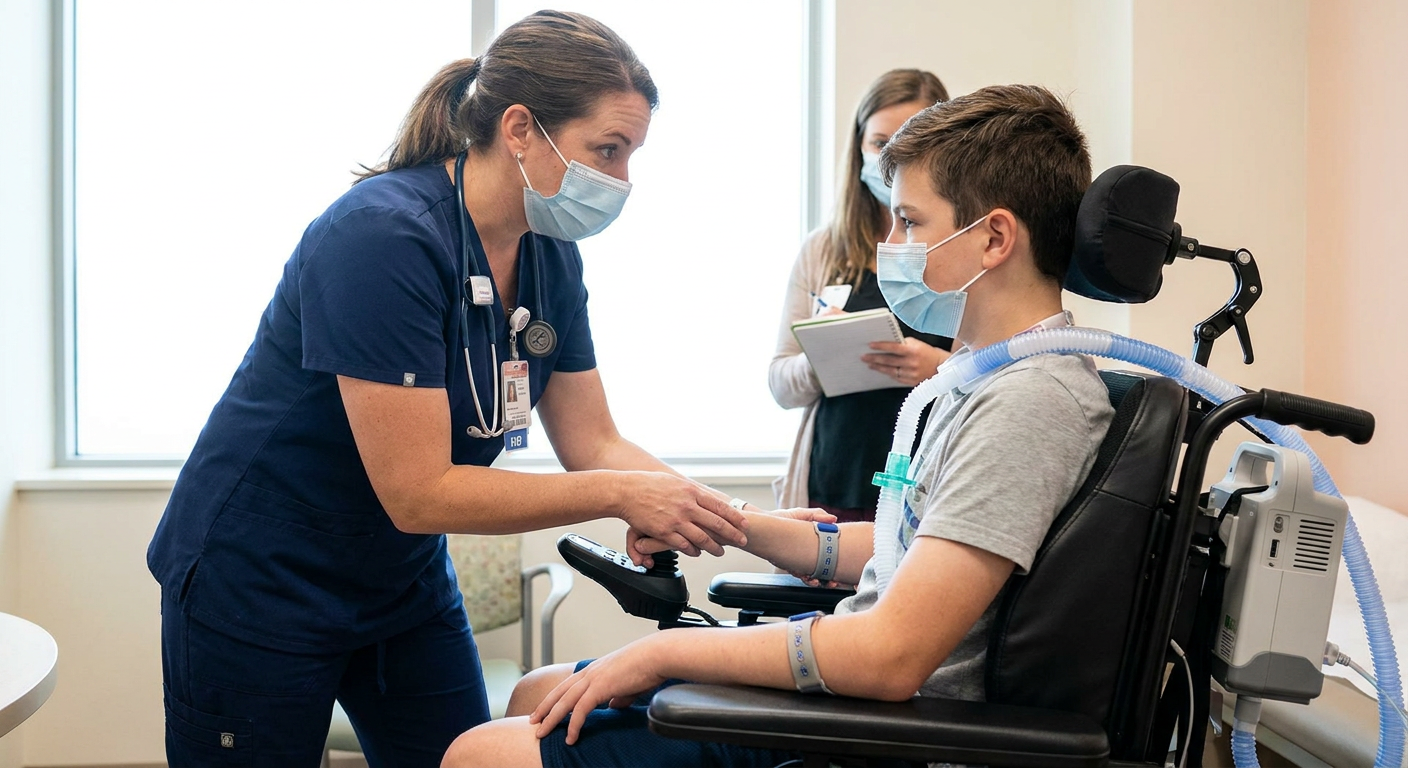 A registered nurse performs a respiratory and mobility assessment with an adolescent who has muscular dystrophy and uses a power wheelchair in a neuromuscular clinic.