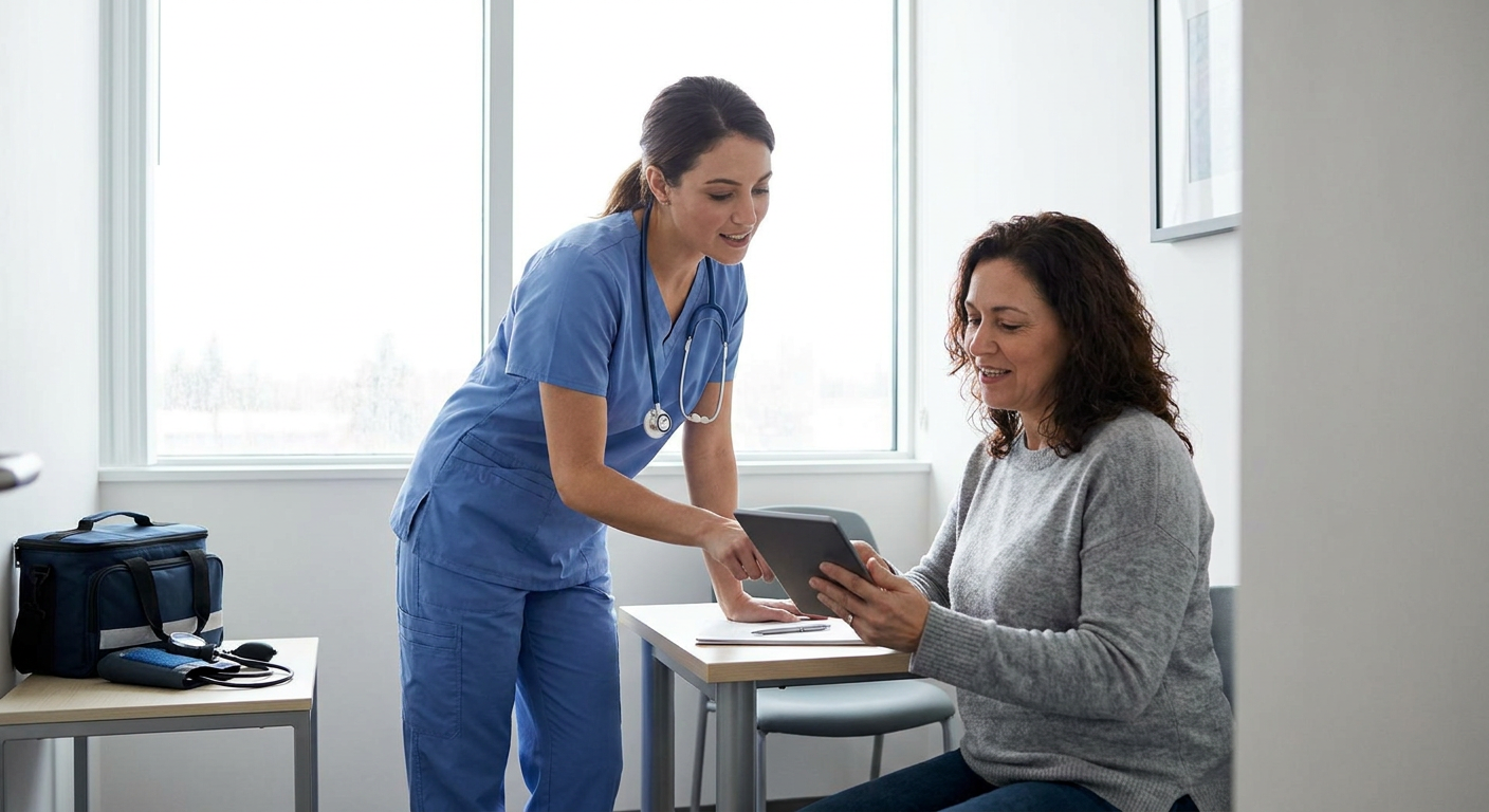 A registered nurse uses respectful, person-centered communication while reviewing a weight-management medication plan with an adult patient in a private clinical setting.