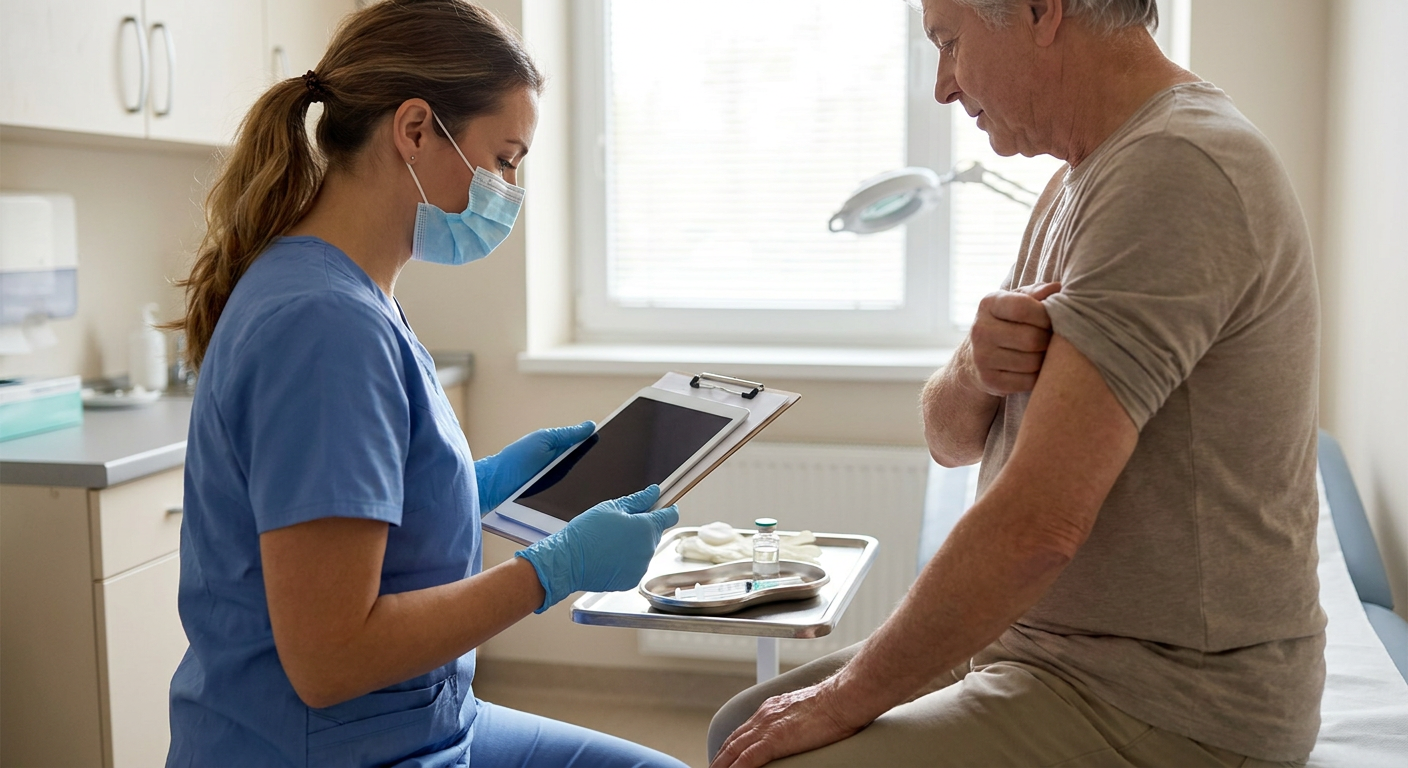 A registered nurse reviews a patient’s immunization history before administering an intramuscular COVID-19 vaccine in a clean outpatient clinical setting.
