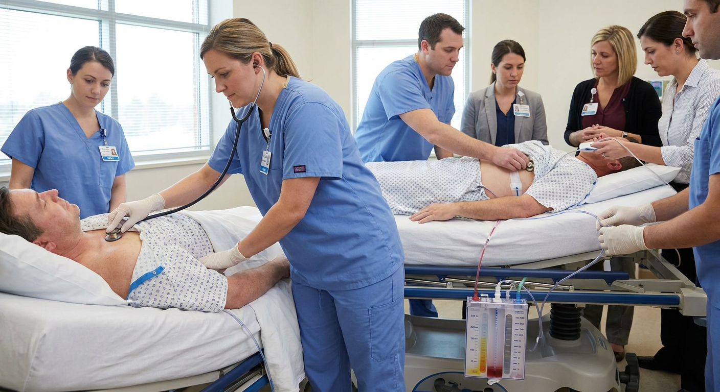 A registered nurse assessing breath sounds and oxygenation in an adult patient with a secured lateral chest tube connected to an upright drainage unit below chest level.