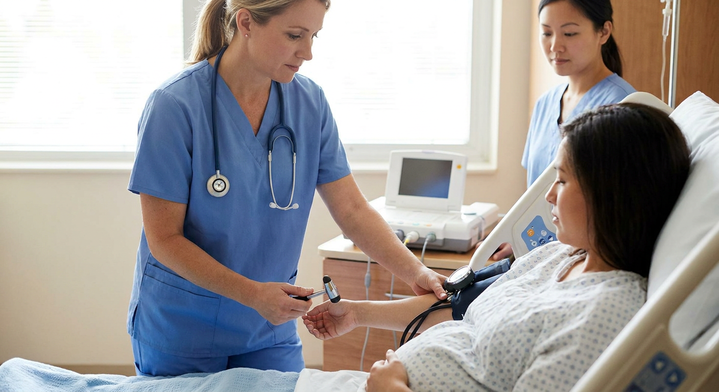 Registered nurse assessing the blood pressure and neurologic status of a pregnant hospital patient while fetal monitoring equipment is visible in the background.