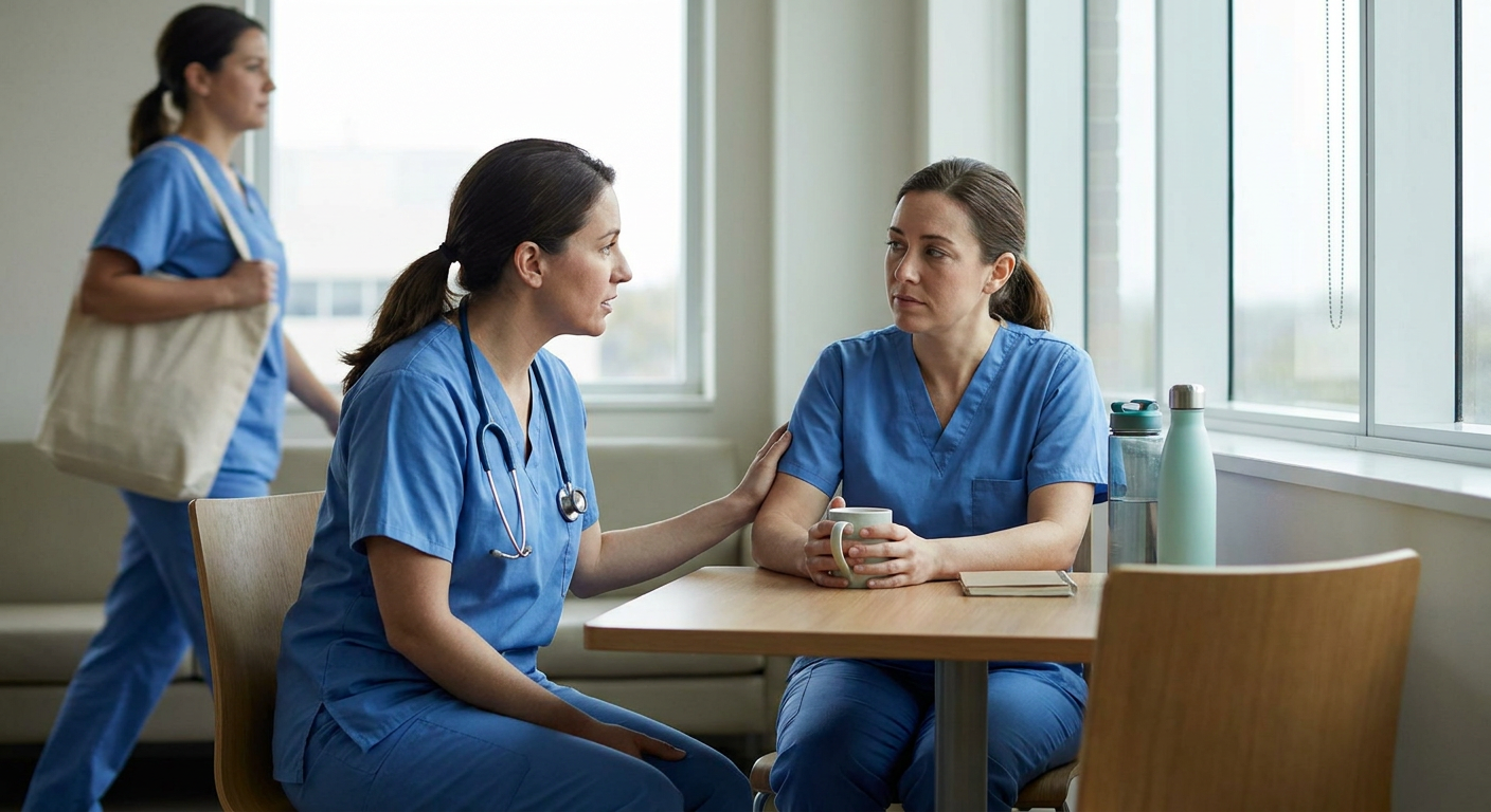 Two registered nurses speak privately in a quiet hospital staff area, demonstrating a respectful peer check-in after a difficult clinical shift.