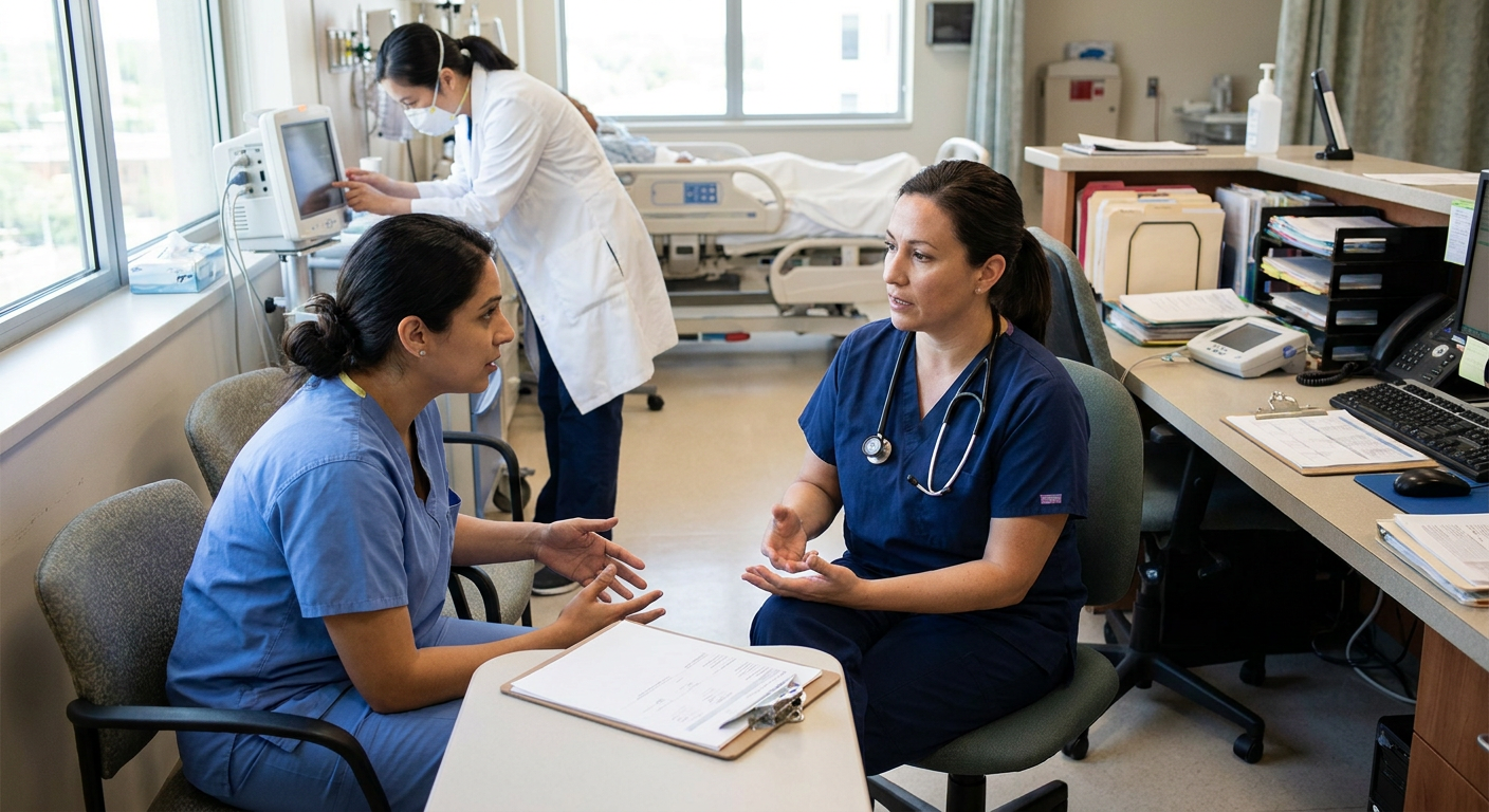 A charge nurse and staff nurse having a private, professional conversation near a hospital nurses’ station while another clinician safely assumes patient care.