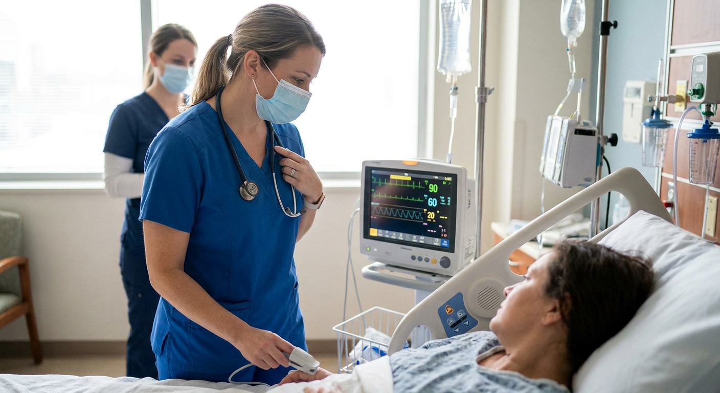 A registered nurse at a monitored hospital bedside assessing the respiratory status and oxygen saturation of an adult with suspected pulmonary embolism while reviewing vital-sign trends.