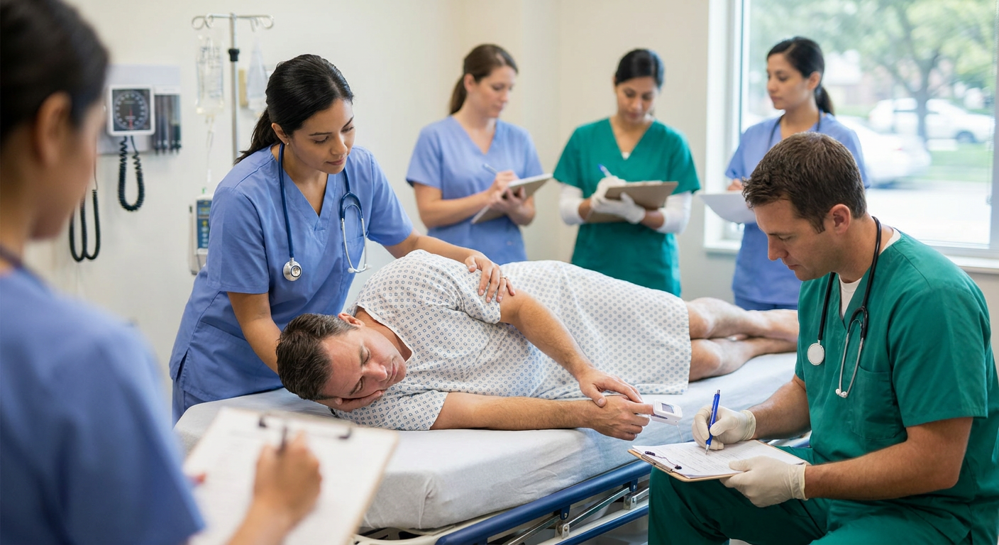 A registered nurse safely supporting a patient in a lateral recovery position after a seizure while another clinician monitors oxygenation and records the event time.