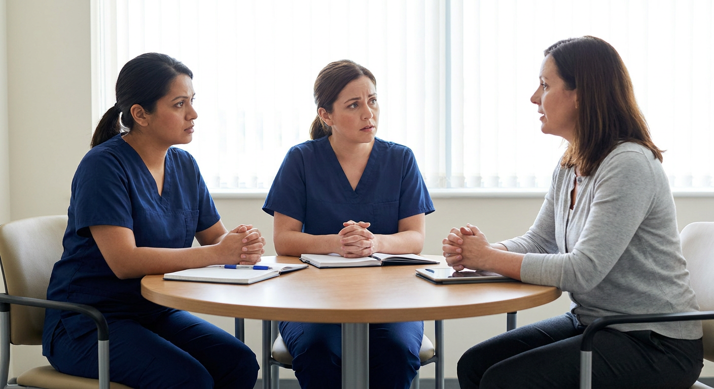 Two nurses in a private clinical conference area review a workplace concern with a nursing leader, using calm, respectful body language and protecting confidentiality.