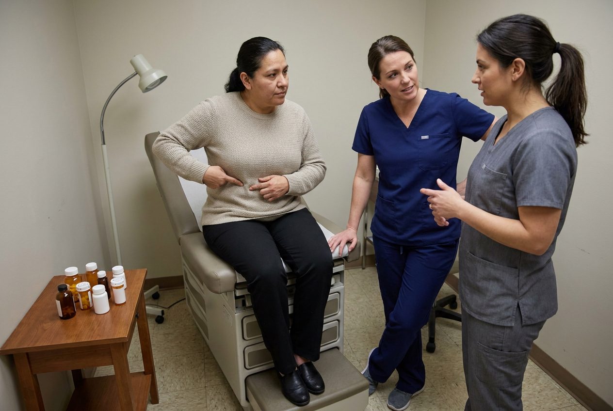 A woman seated on an exam couch points to her abdomen while two nurses in scrubs listen and discuss her symptoms in a small clinic room.