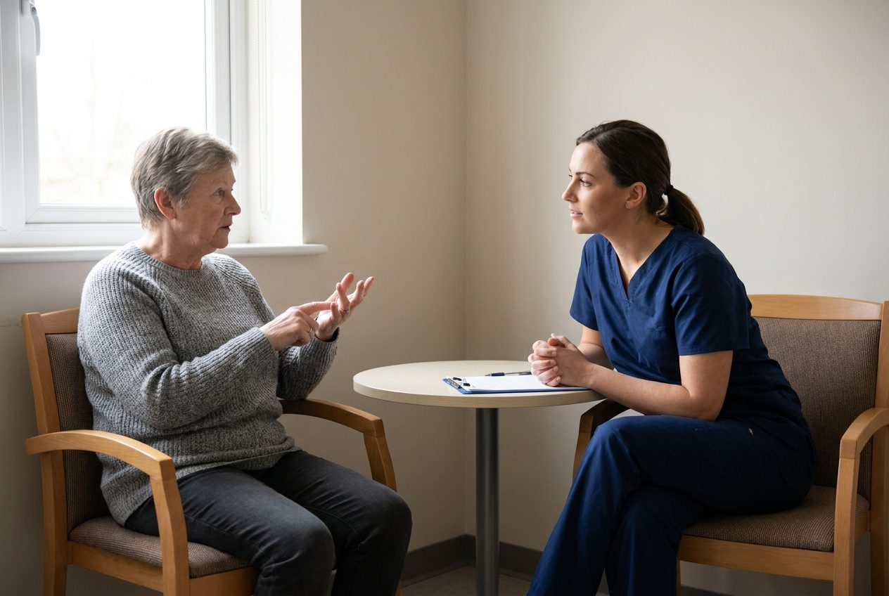 An older adult gestures while explaining a plan to a seated nurse, with a clipboard resting on the small table between them.