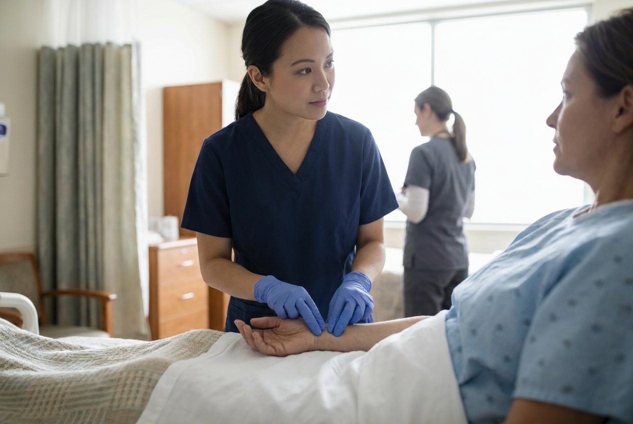 A gloved nurse holds an adult patient’s supported wrist while looking toward the patient during a bedside assessment.