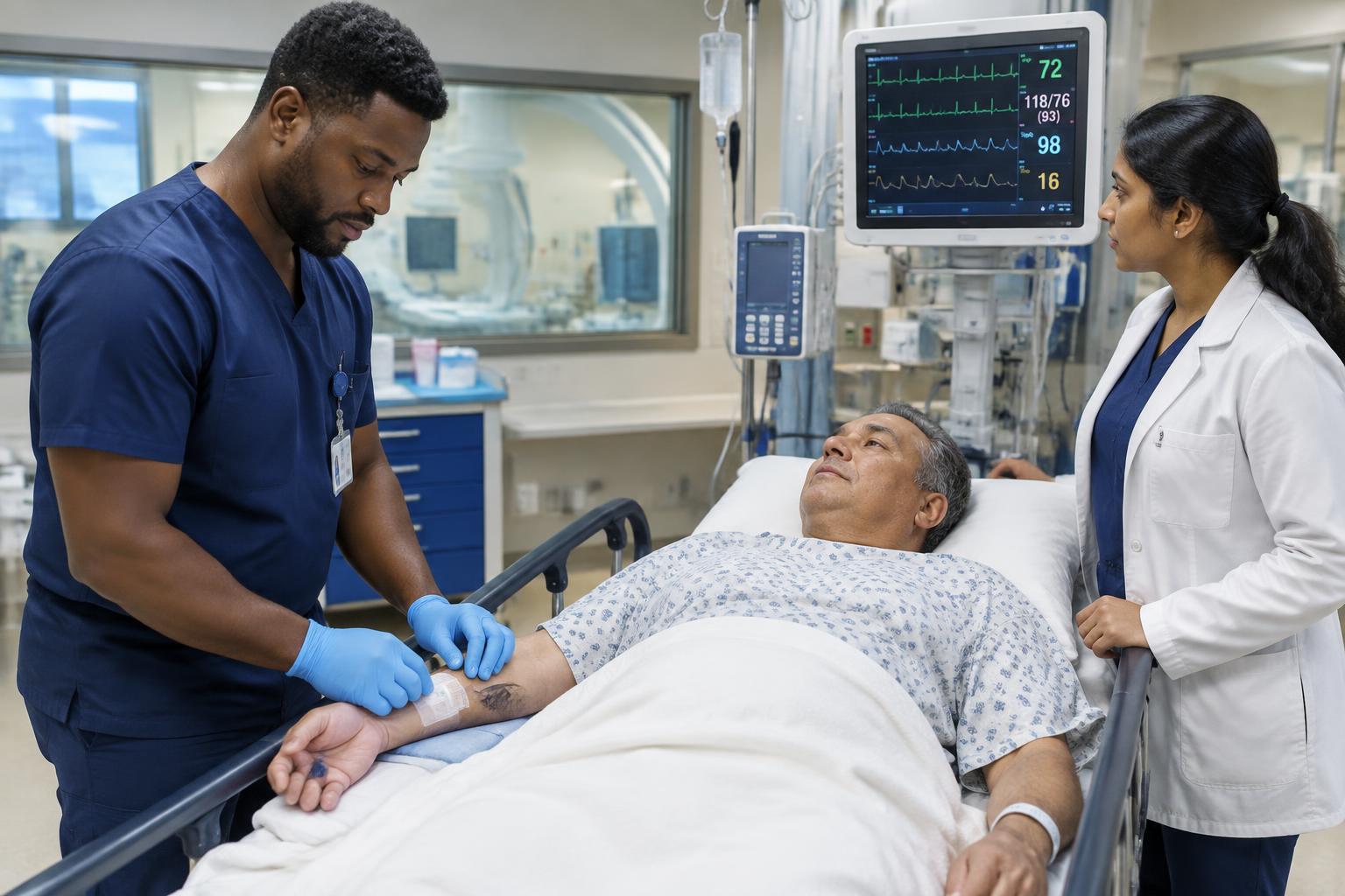 Nurse checking the wrist access-site dressing of a patient after a cardiac procedure while a second nurse reviews the heart monitor