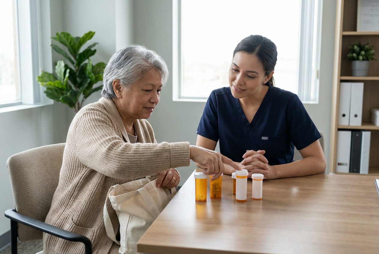 An older adult points to medicine containers on a table while a nurse listens beside an open tote bag.