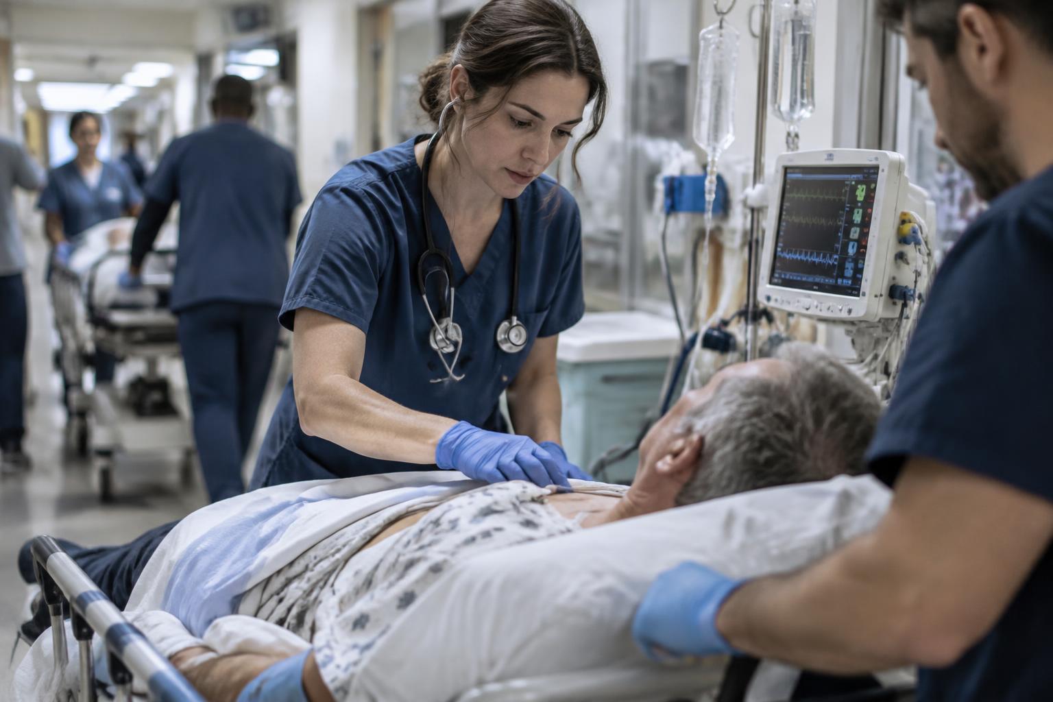 Emergency nurse assessing a patient on a stretcher in a busy emergency department corridor