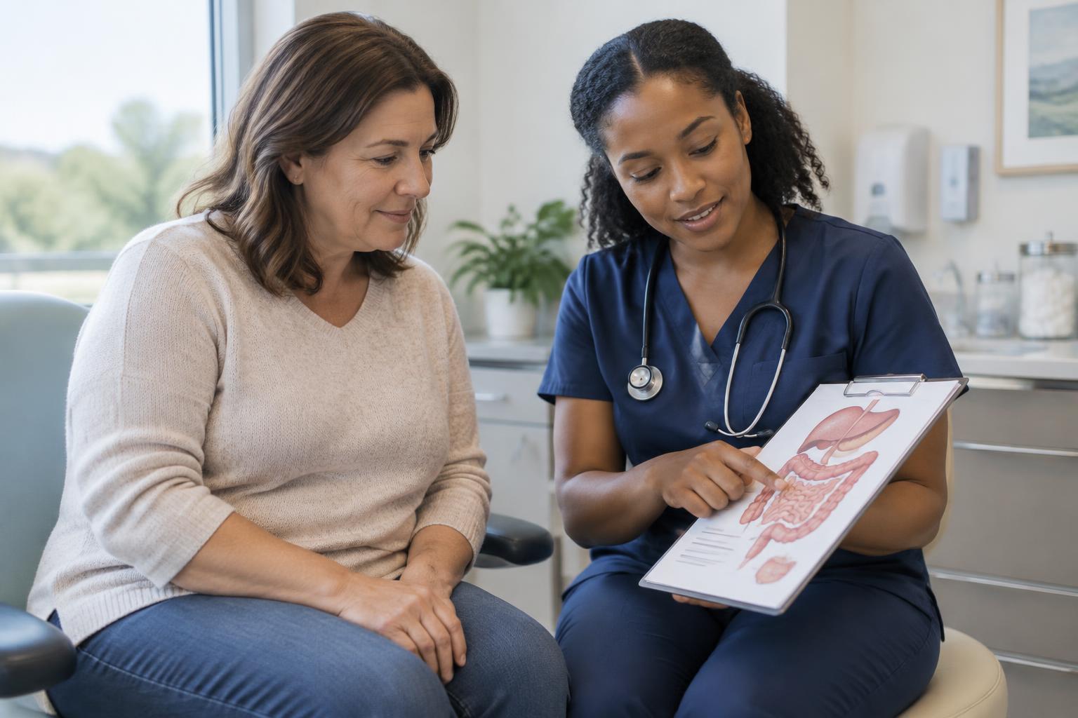 Nurse reviewing digestive health education materials with a seated adult patient in clinic