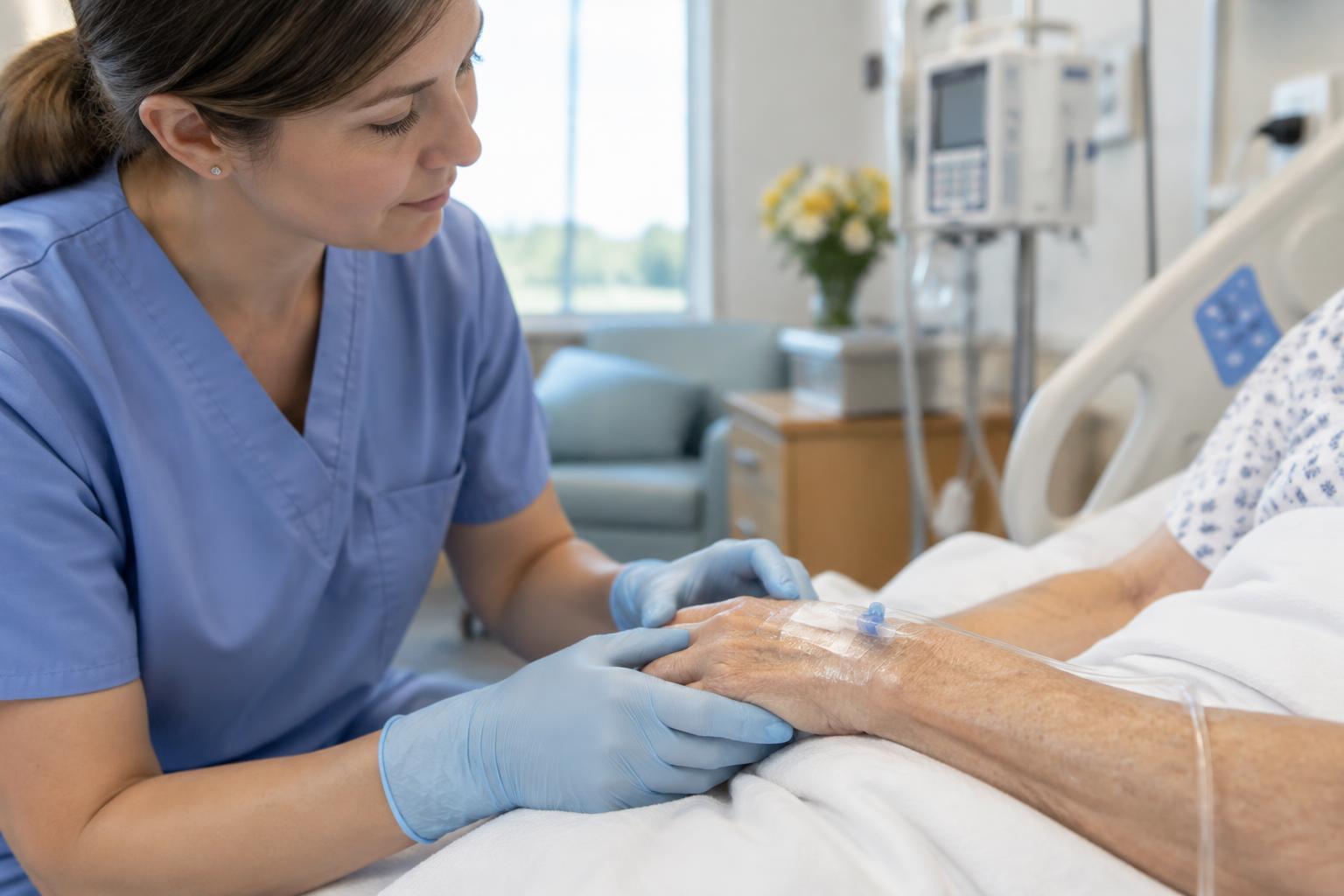A nurse in light blue scrubs and pale blue gloves sits at the bedside of an older adult patient, supporting the patient's hand with one gloved hand while looking closely at a small peripheral intravenous catheter secured to the back of that hand with a clear transparent dressing, thin clear tubing running from the catheter across the white bedding, with a hospital bed rail and an infusion pump on a pole blurred in the background