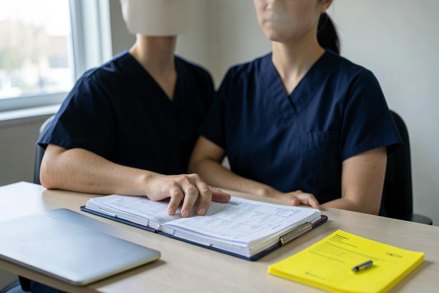 Two nurses in navy scrubs sit side by side at a light wood desk with a thick binder of printed patient records open in front of them; one nurse rests her fingers on a tabular page of the record while the other looks on. A closed silver laptop sits at the left edge of the desk and a yellow legal pad with a black pen lies at the right, with daylight from a window behind them.