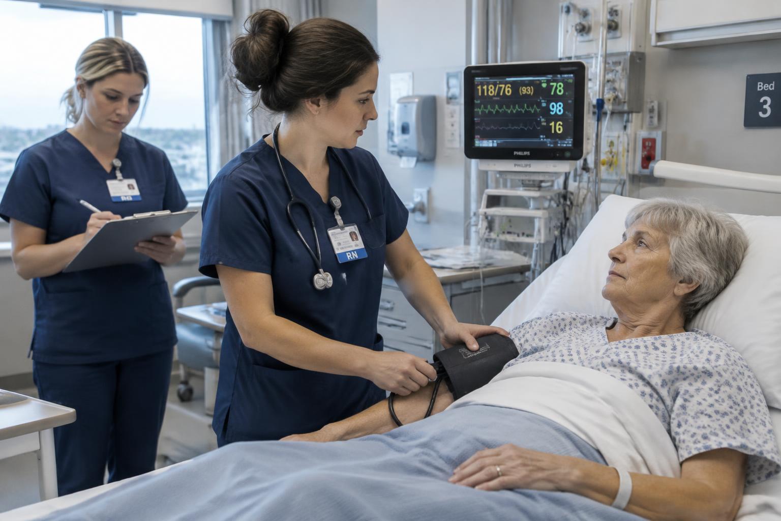 A nurse in navy scrubs stands at the bedside of an older adult patient reclining in a hospital bed and takes a blood pressure reading with a cuff on the patient's upper arm, while a wall-mounted monitor beside the bed displays a blood pressure, heart rate, oxygen saturation and respiratory rate. A second nurse in navy scrubs stands behind her writing the reading on a clipboard.