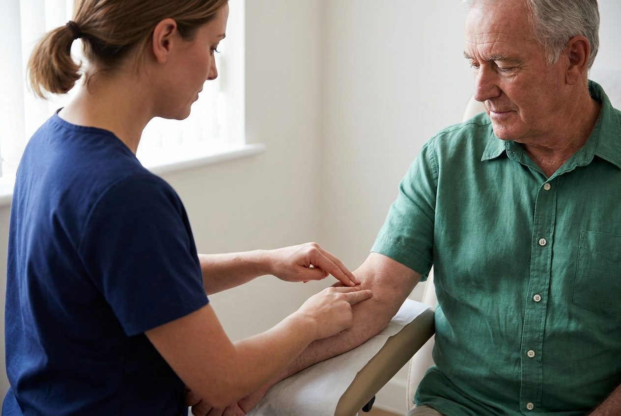 A nurse rests two fingertips on a raised area of an older adult’s forearm. The seated patient watches, with the arm supported on a padded surface.