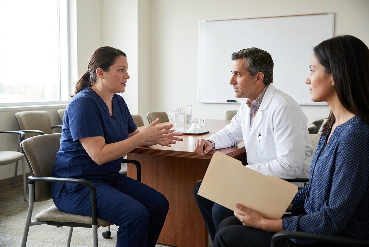 Three adults sit around a conference table. One holds an open folder facing away from the camera, while a woman in navy scrubs gestures and the third person listens.