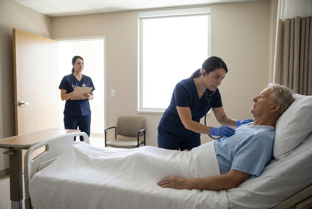 A nurse leans toward an awake adult lying in a hospital bed. Another nurse stands in the open doorway facing them. The room has light bedding and bare walls.