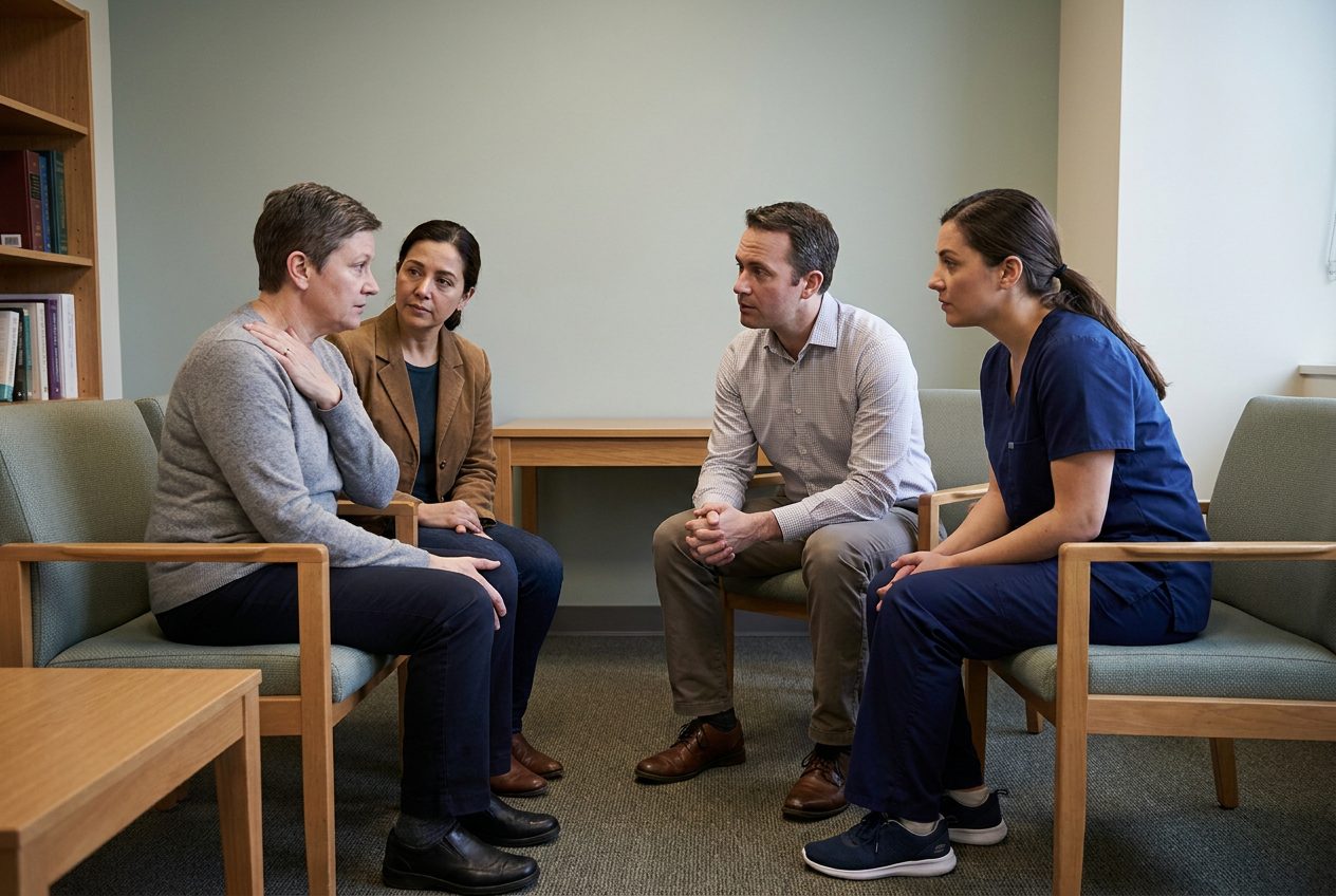 A seated adult points to one shoulder while a companion, a nurse in blue scrubs, and another clinician sit nearby and listen.