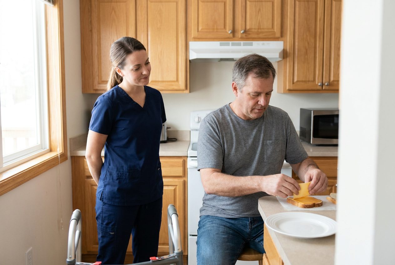 An adult places cheese onto bread at a kitchen counter while a nurse watches nearby. An empty plate rests beside the bread in the small kitchen.