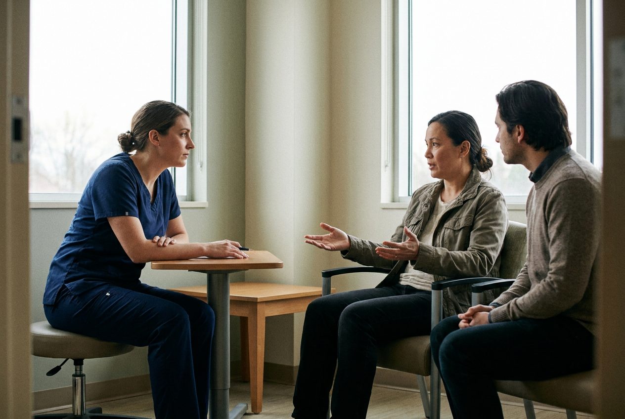 An adult patient gestures while speaking with a seated nurse in plain scrubs. A support person sits beside the patient in a quiet consultation room.