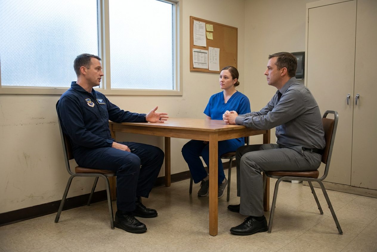 An adult in navy clothing gestures while speaking with two clinicians seated around a bare table in a consultation room. Both clinicians face the speaker attentively.