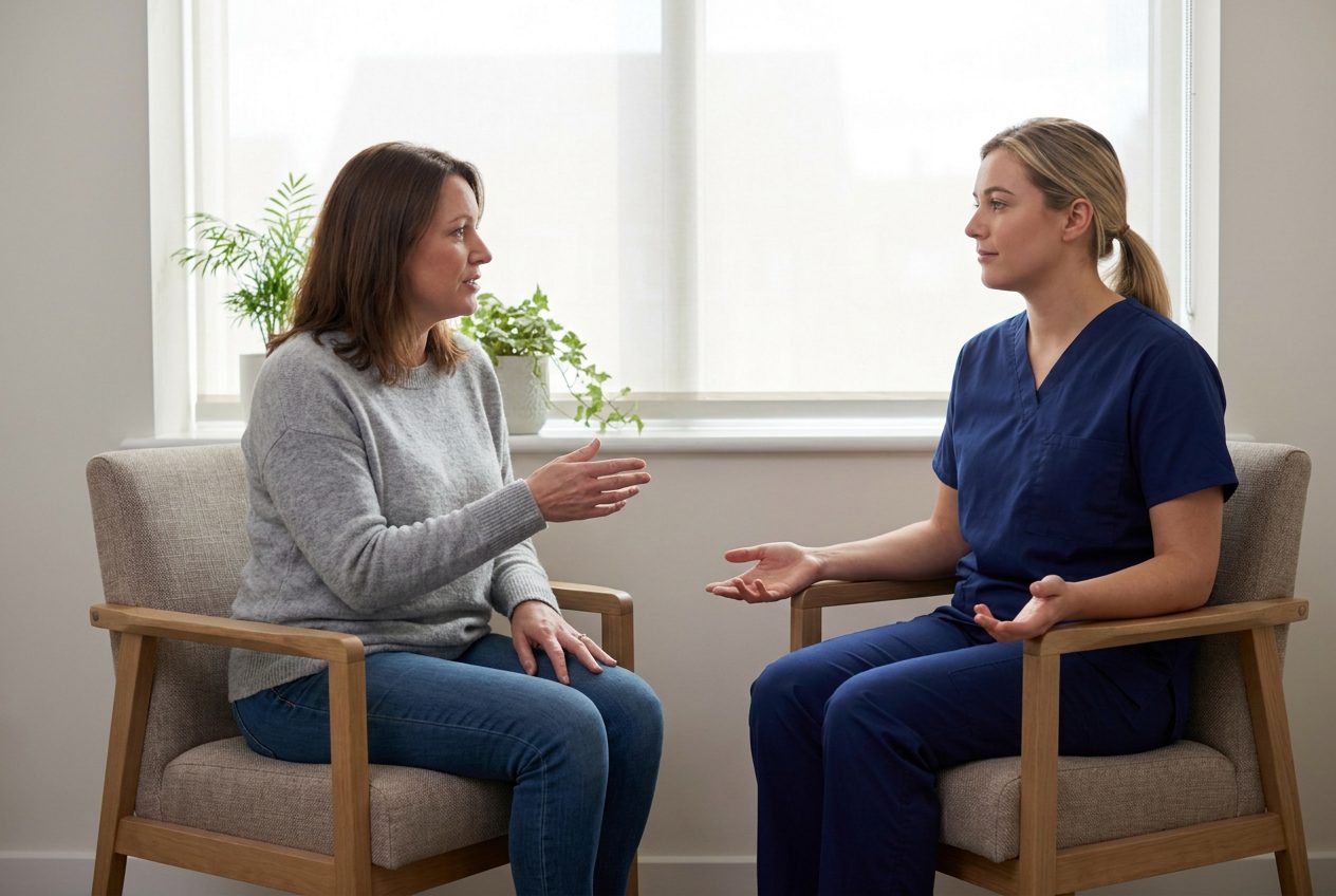 An adult sits in an armchair gesturing while talking with a nurse seated opposite in a calm, private room; both have open, relaxed posture.