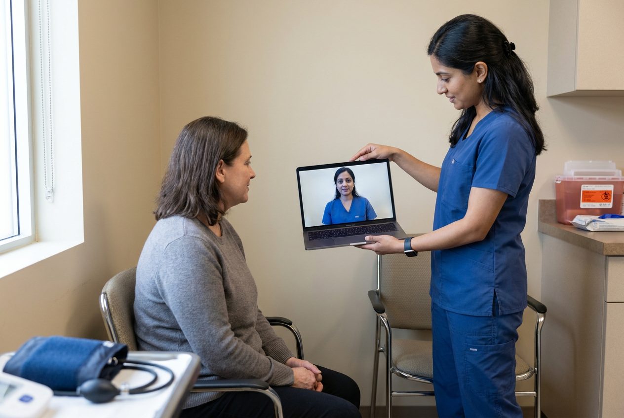 An adult patient and a nurse sit together at a clinic table. The nurse adjusts a laptop displaying another nurse, while the patient faces the screen.