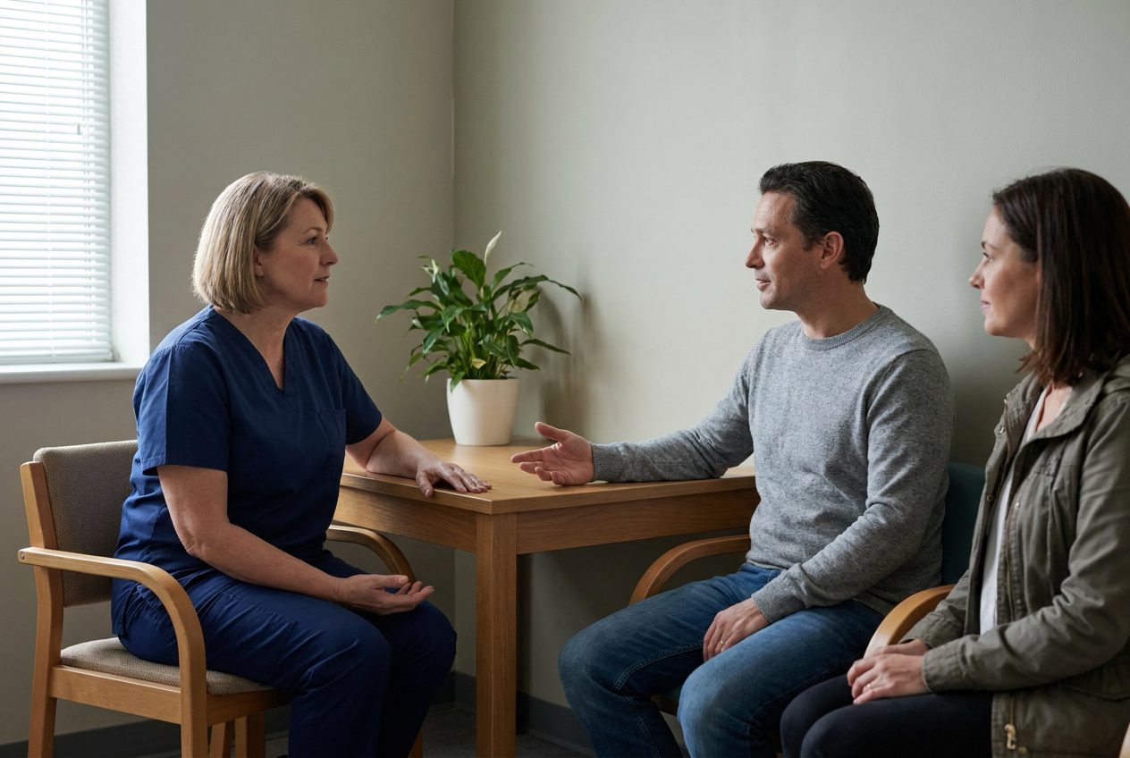 A nurse in navy scrubs sits across from an adult patient and family member. The patient gestures toward the companion while the nurse listens.
