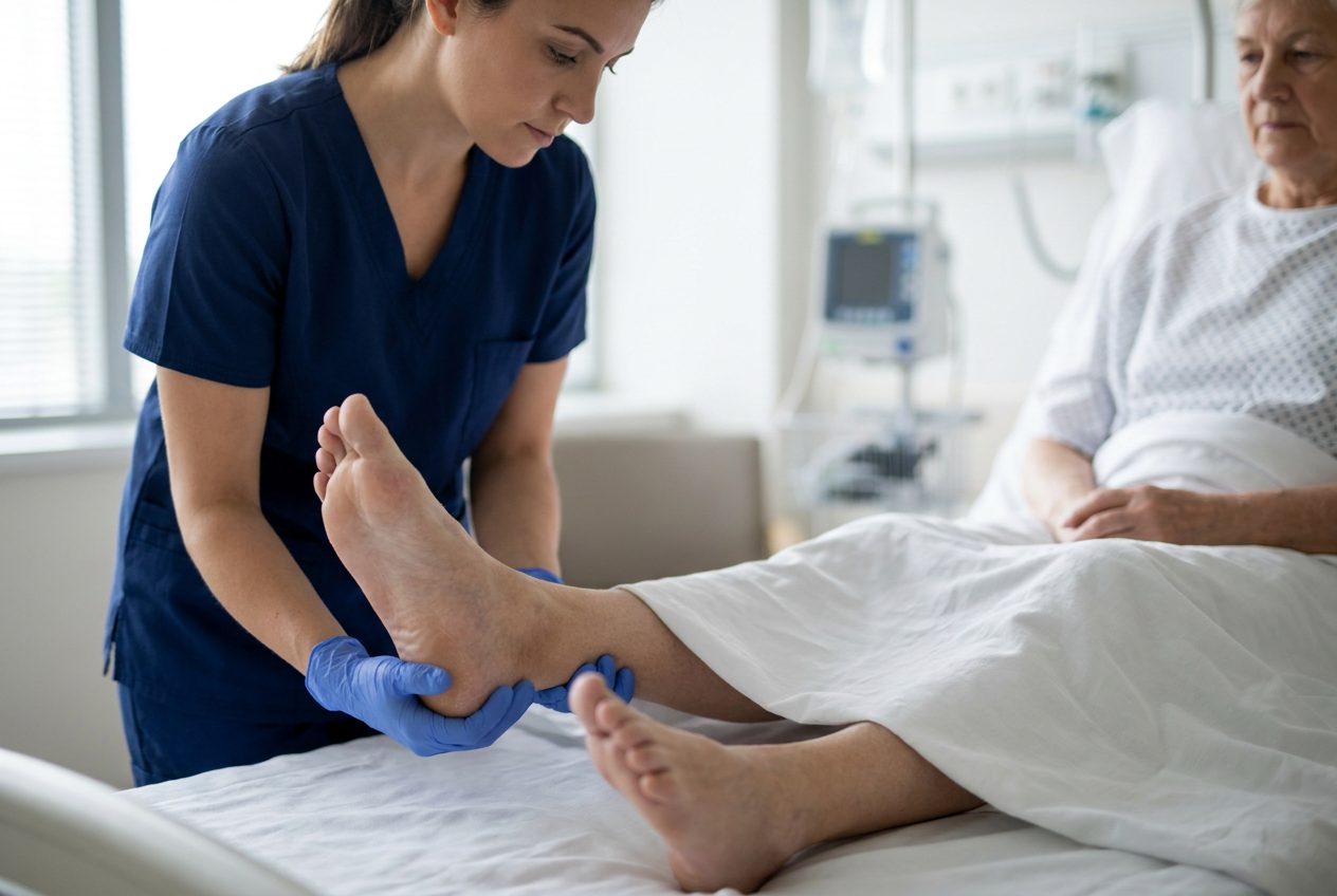 A nurse wearing exam gloves supports an older patient's ankle and gently touches the intact heel; a sheet covers the patient, leaving one lower leg and foot visible.