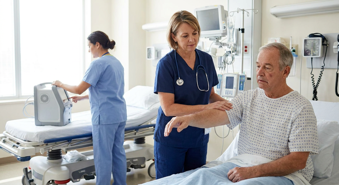 Registered nurse performing a focused neurologic assessment on an adult with sudden facial weakness and arm drift in an acute-care setting while another clinician prepares emergency brain imaging.
